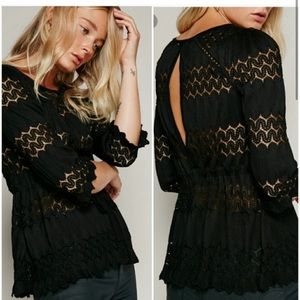 Free People Fire Island Open Back Knit Cinch Top Black Lacey Size Small